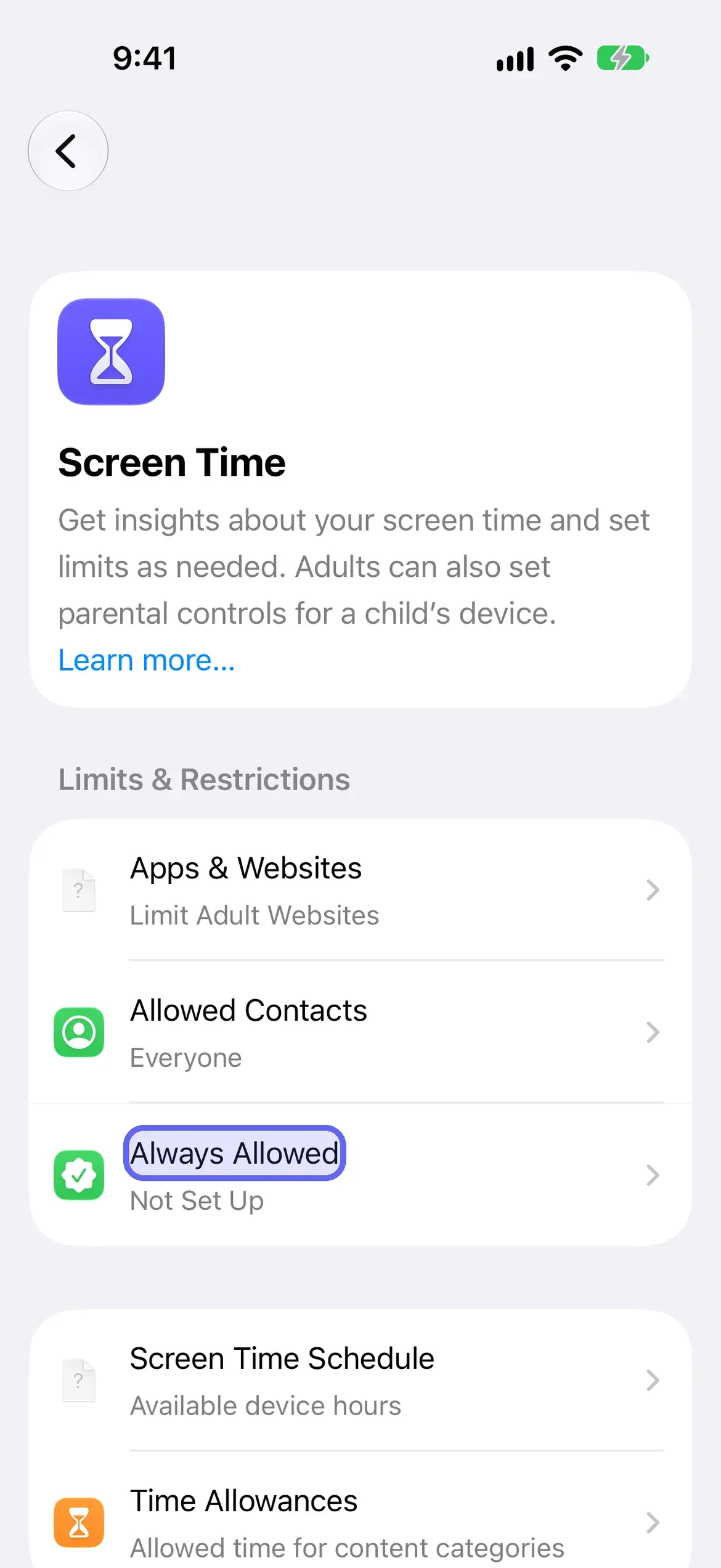 The Always Allowed row highlighted on the Screen Time screen
