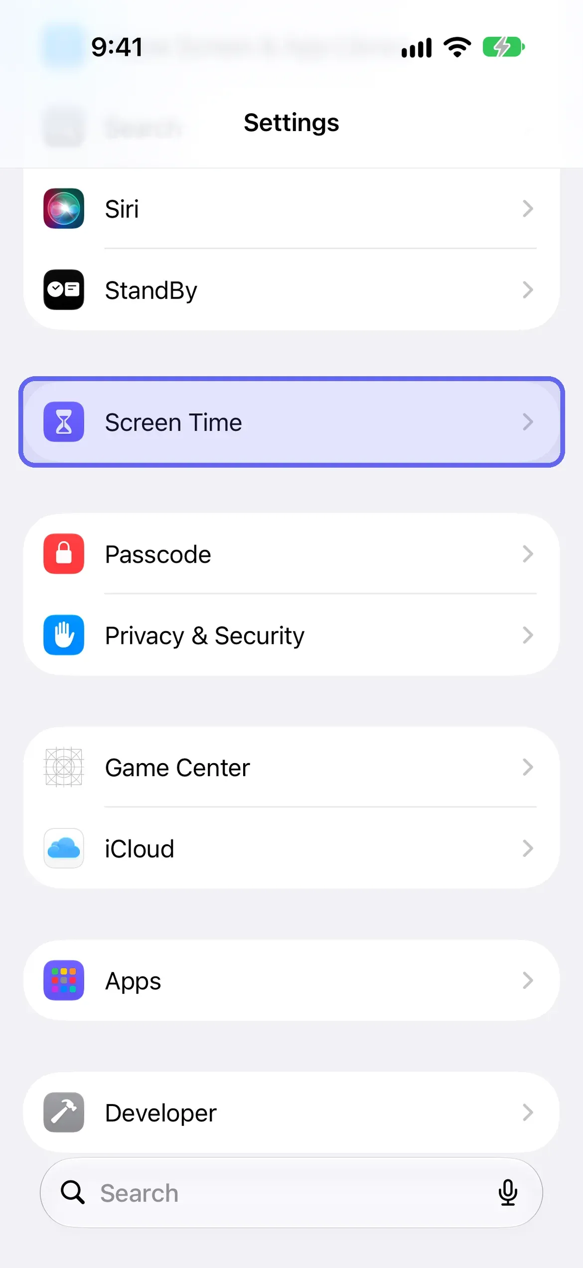 The Screen Time row highlighted in the Settings list