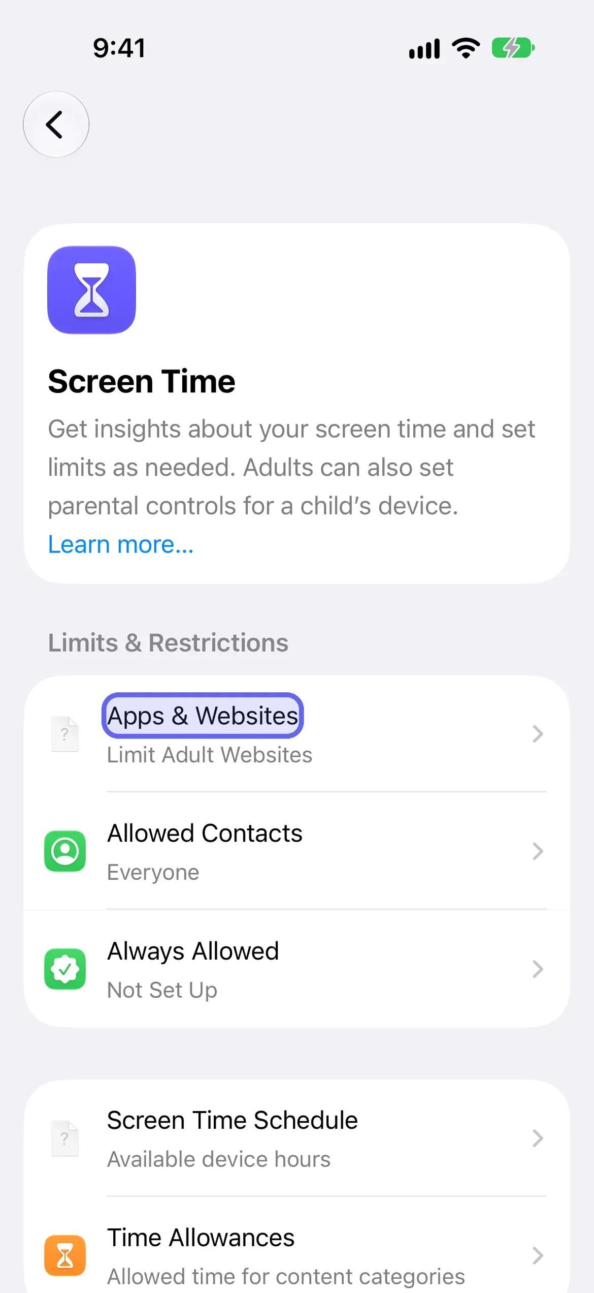 The Apps and Websites row highlighted on the Screen Time screen