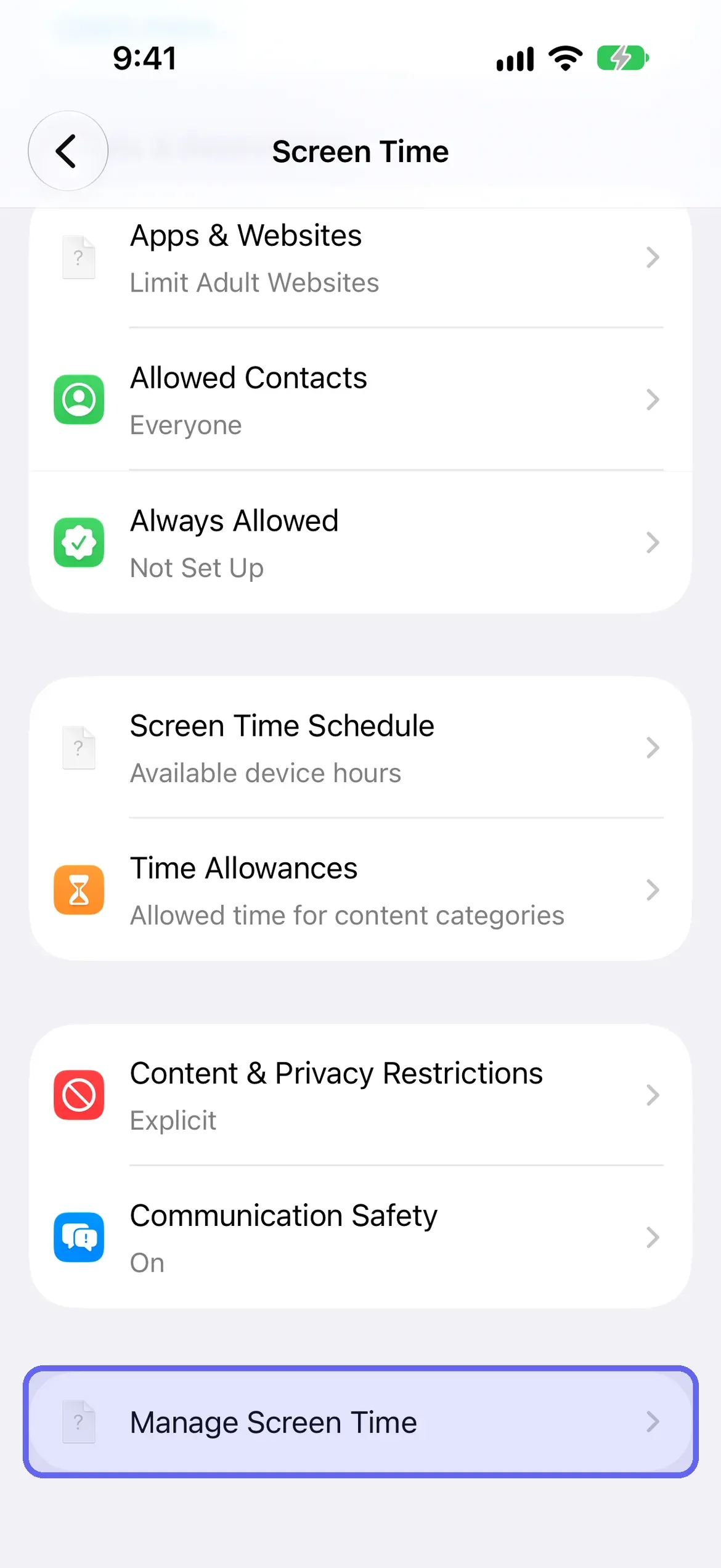 Manage Screen Time highlighted at the bottom of the Screen Time screen