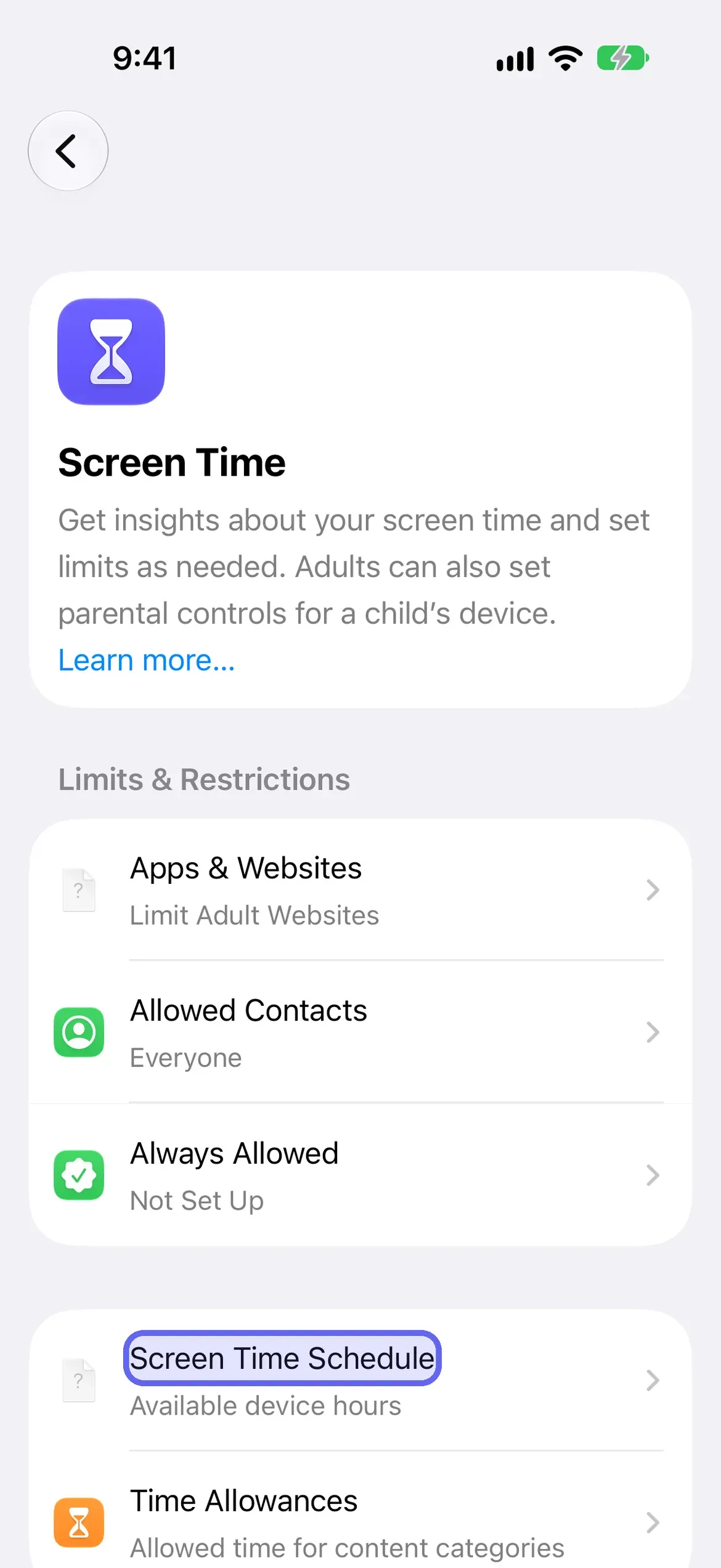 The Screen Time Schedule row highlighted on the Screen Time screen