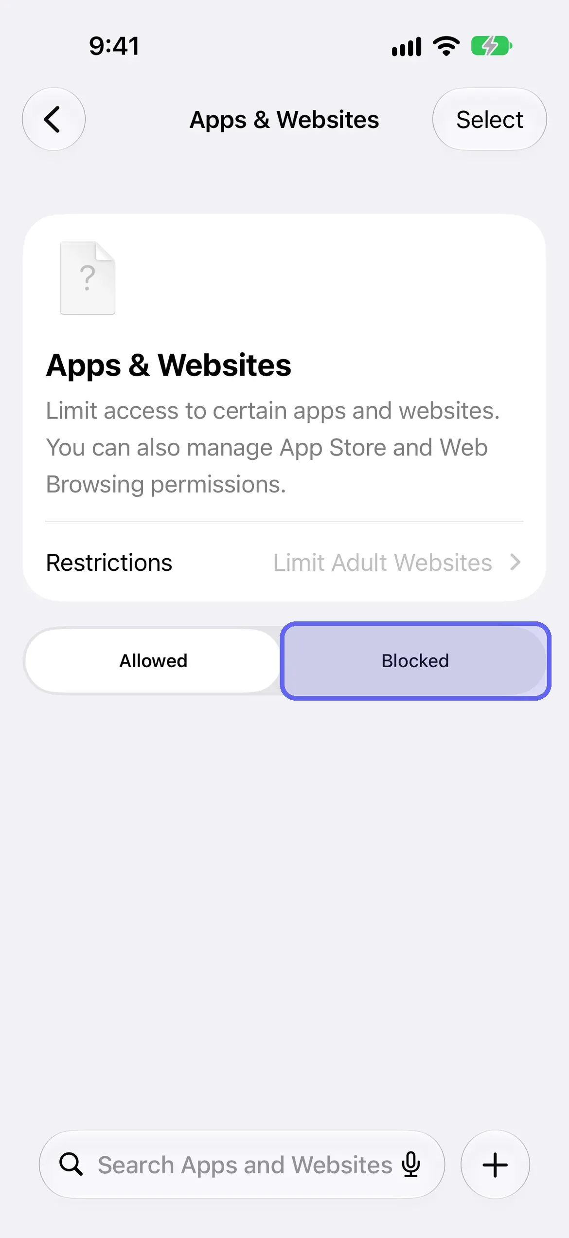 The Blocked tab highlighted on the Apps and Websites screen