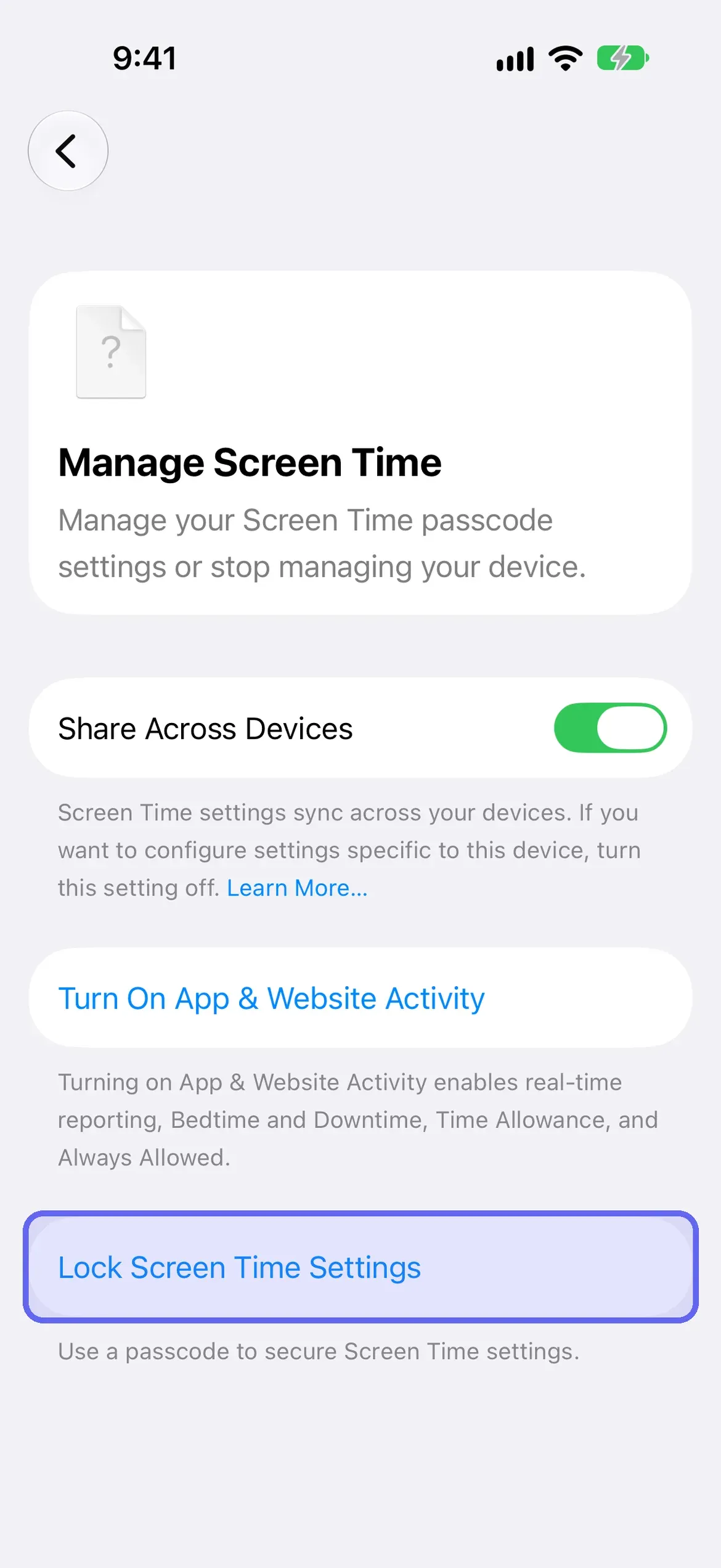 Lock Screen Time Settings highlighted on the Manage Screen Time screen