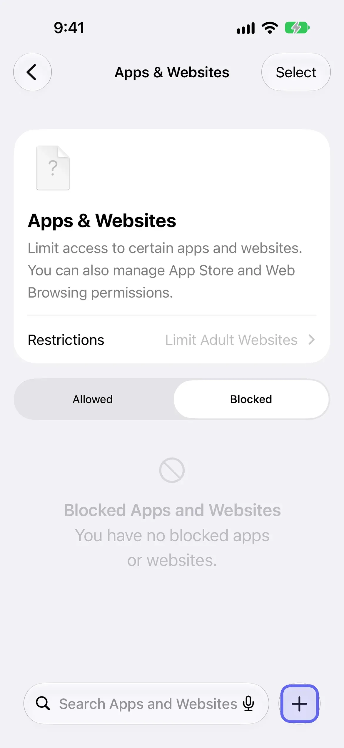 The add button highlighted at the bottom right of the Blocked tab
