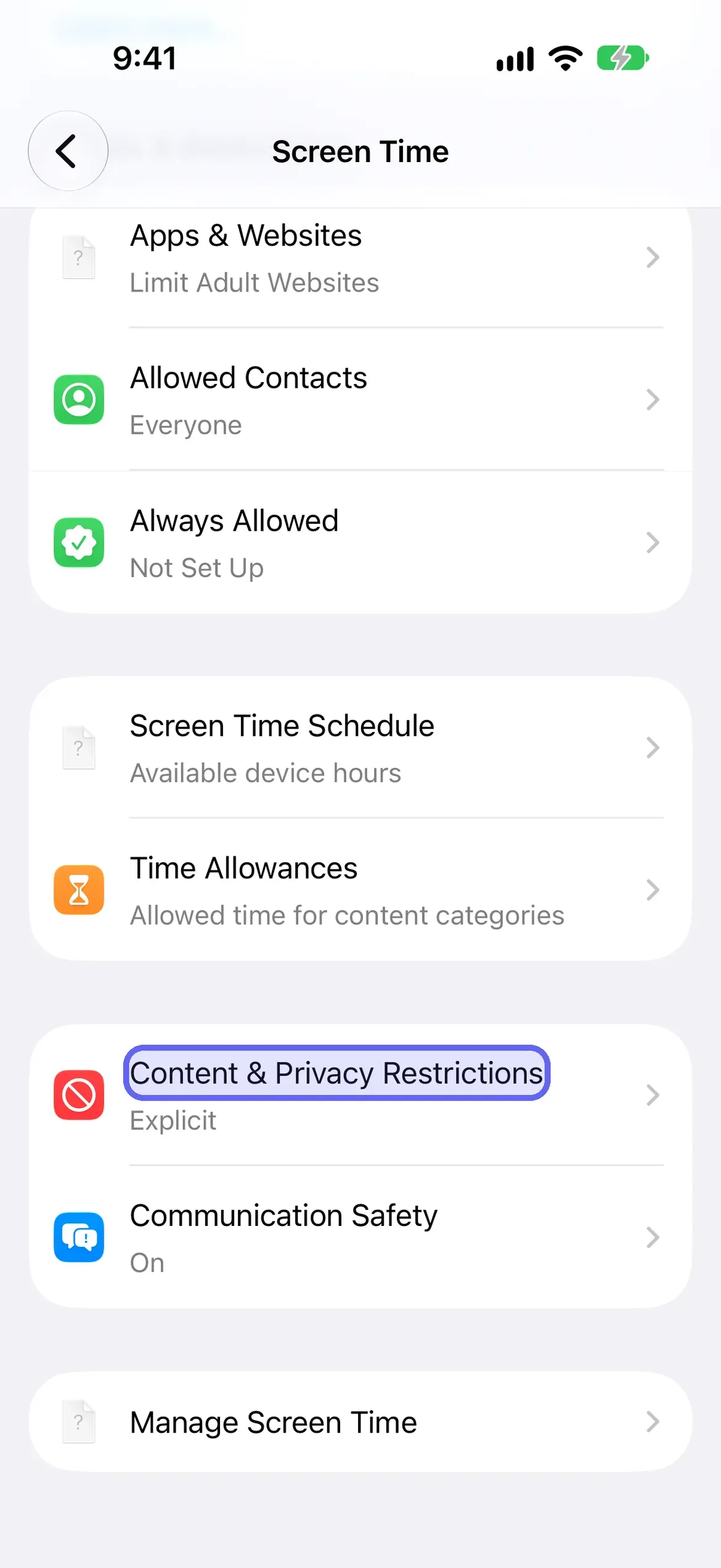 The Content and Privacy Restrictions row highlighted on the Screen Time screen