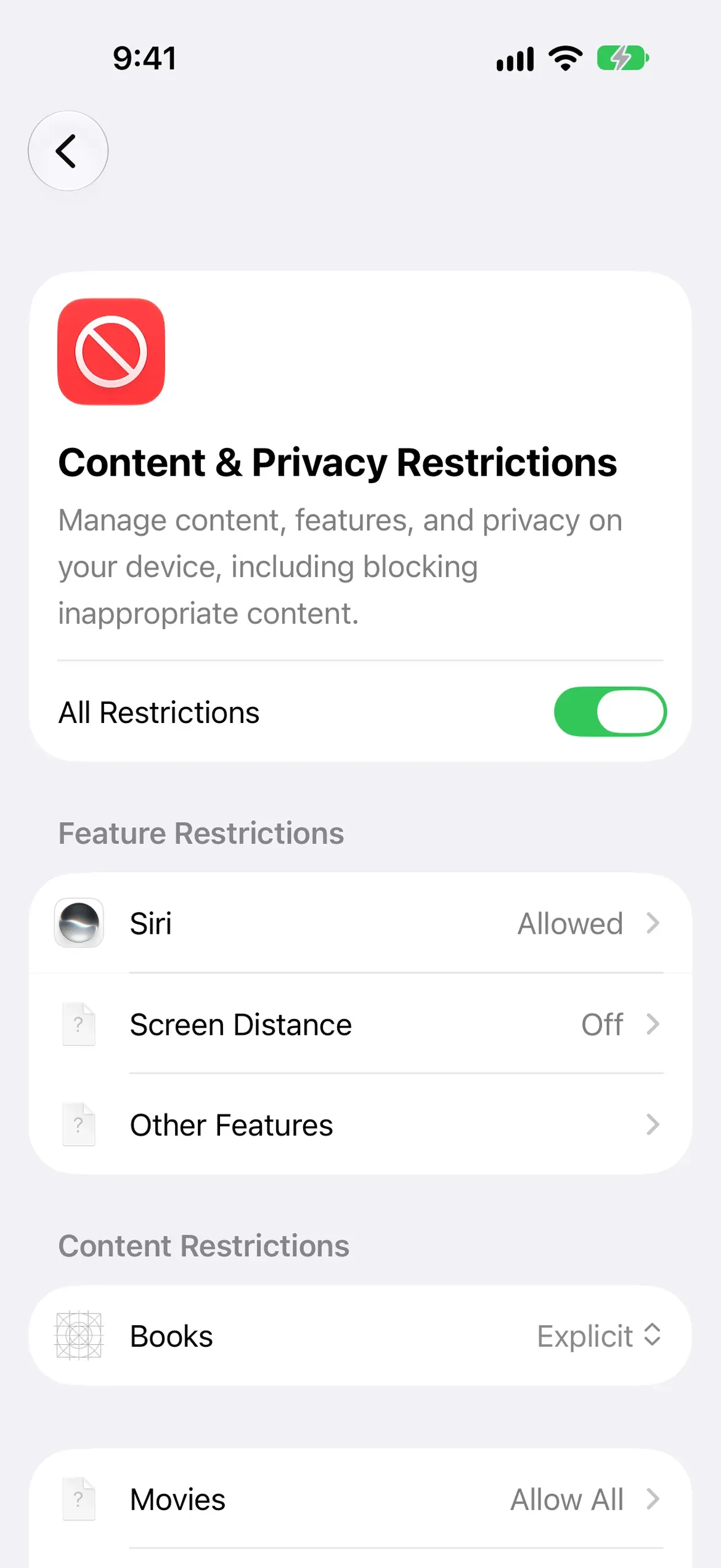 The Content and Privacy Restrictions screen